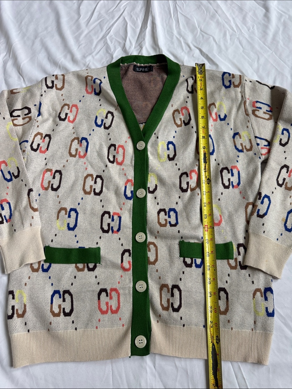 Gucci like Beige Cardigan with Green Trim and GG Motif with Tiger - Picture 2 of 7